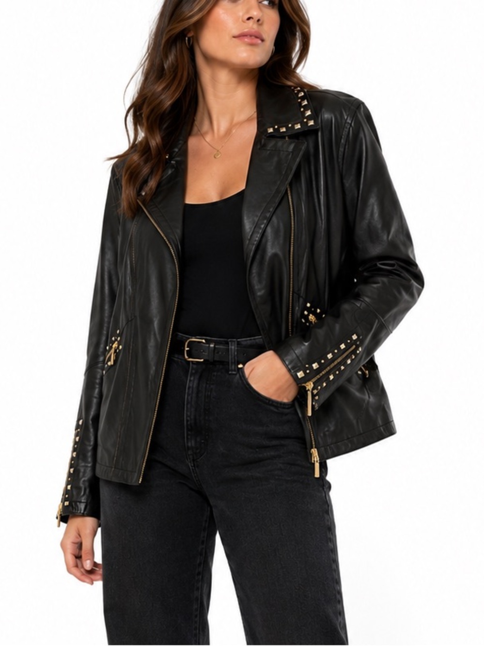 Original by Sharif 1827 Black Leather Studded Moto Jacket Plus Size 2X